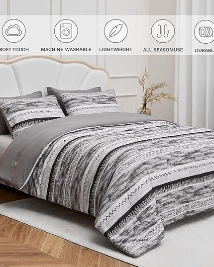 Striped Queen Size Comforter Set, Grey Black 3 PCS Microfiber Soft Lightweight Bedding Set - LeafyLoom