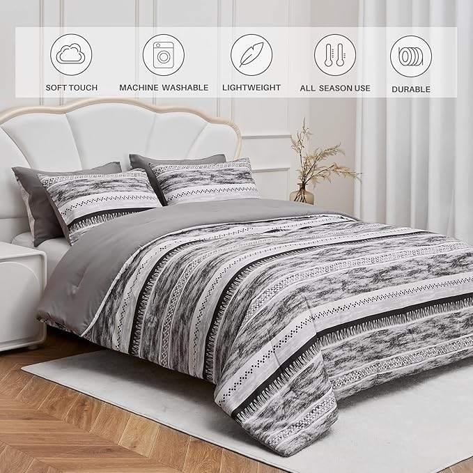 Striped Queen Size Comforter Set, Grey Black 3 PCS Microfiber Soft Lightweight Bedding Set - LeafyLoom