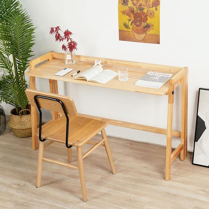 Computer Desk, Foldable Desk, Home Office Desks, Solid Wood Writing Desk, Mid Century Modern Desks, Oak Study Table, Folding Desks for Small Spaces, 47.2 W x 27.6 H x 13.6 D Inches, Natural - LeafyLoom