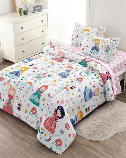 Girls Twin Bedding Sets, Kids Comforter Set for Teens w/Sheets and Pillowcase, Soft Reversible Cartoon Princess Bed in a Bag Sets - LeafyLoom