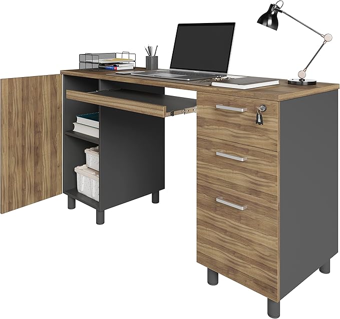 Modern Design By Crafts & comfort Venice Computer Desk - Office Desk with 3 Drawers & CPU Storage Cabinet - Laptop Workstation with Keyboard Tray & Cable Hole - Home & Office Supplies -Cass/black - LeafyLoom