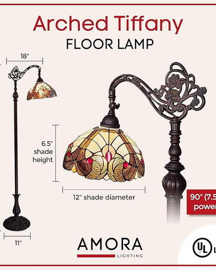 Amora Tiffany Style Floor Lamp Arched Vintage Antique 62" Tall Stained Glass Brown Red Tan Traditional Light Decor Bedroom Living Room Reading Gift AM344FL12 Lighting - LeafyLoom