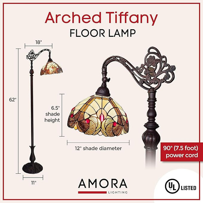 Amora Tiffany Style Floor Lamp Arched Vintage Antique 62" Tall Stained Glass Brown Red Tan Traditional Light Decor Bedroom Living Room Reading Gift AM344FL12 Lighting - LeafyLoom