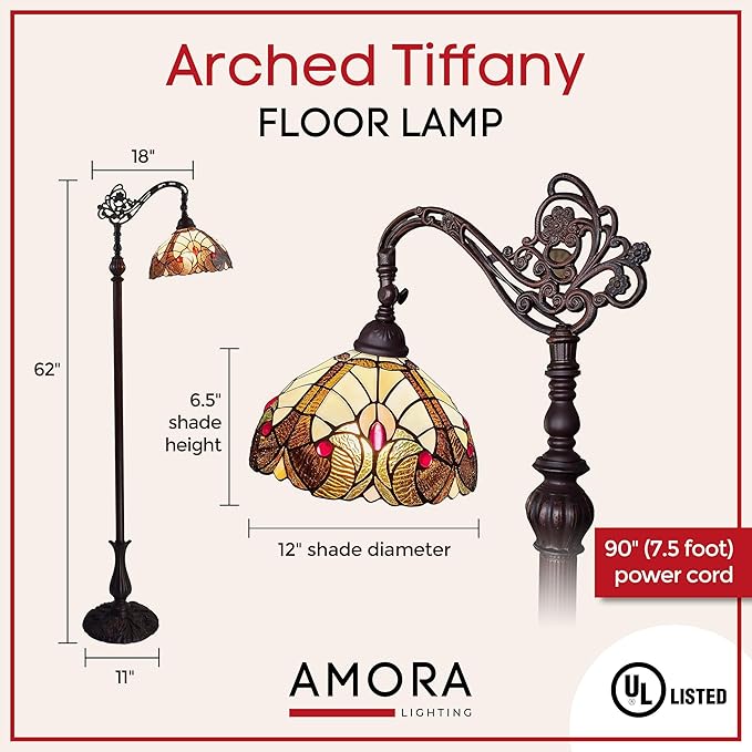 Amora Tiffany Style Floor Lamp Arched Vintage Antique 62" Tall Stained Glass Brown Red Tan Traditional Light Decor Bedroom Living Room Reading Gift AM344FL12 Lighting - LeafyLoom