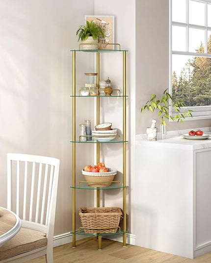 5-Tier Corner Shelf Stand, Gold Corner Bookshelf, Bathroom Organizer, Plant Stand, Tempered Glass Shelves, Modern Style for Living Room, Bedroom, Kitchen, Home Office, Metallic Gold - LeafyLoom