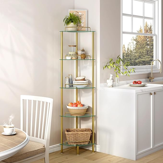 5-Tier Corner Shelf Stand, Gold Corner Bookshelf, Bathroom Organizer, Plant Stand, Tempered Glass Shelves, Modern Style for Living Room, Bedroom, Kitchen, Home Office, Metallic Gold - LeafyLoom