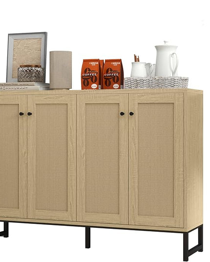 Panana Sideboard Accent Storage Cabinet with Rattan Decorated 4 Doors Dining Room Freestanding Kitchen Buffet Table Cupboard (Natural) - LeafyLoom