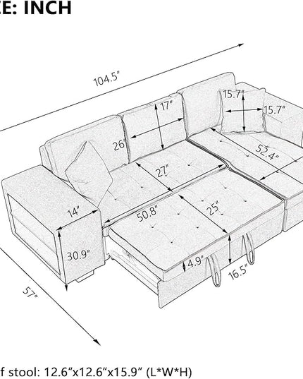 104" L Shape Reversible Sectional Sofa w/Pull Out Bed &Storage Chaise, Linen Upholstered Sleeper Couch with 2 Stools, for Living Room, Bedroom and Small Apartment, 104 Inch, Gray - LeafyLoom