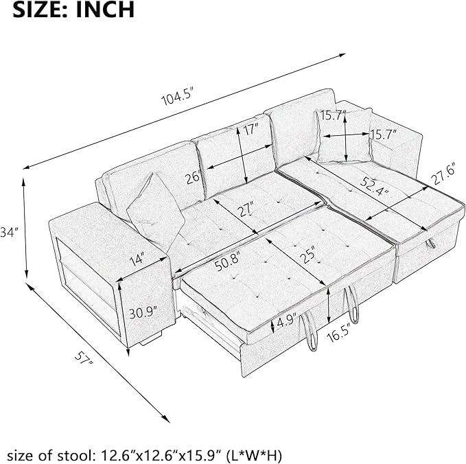 104" L Shape Reversible Sectional Sofa w/Pull Out Bed &Storage Chaise, Linen Upholstered Sleeper Couch with 2 Stools, for Living Room, Bedroom and Small Apartment, 104 Inch, Gray - LeafyLoom
