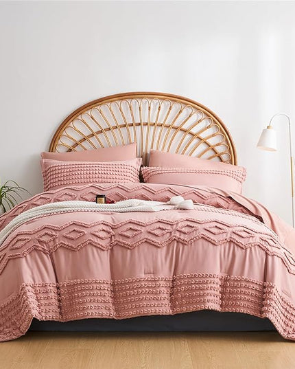 KAKIJUMN Blush Pink Tufted Comforter Set King Size 7 Piece Bed in a Bag, Shabby Chic Boho Comforter and Sheet Set, All Season Soft Microfiber Complete Bedding Set(Pink,King) - LeafyLoom