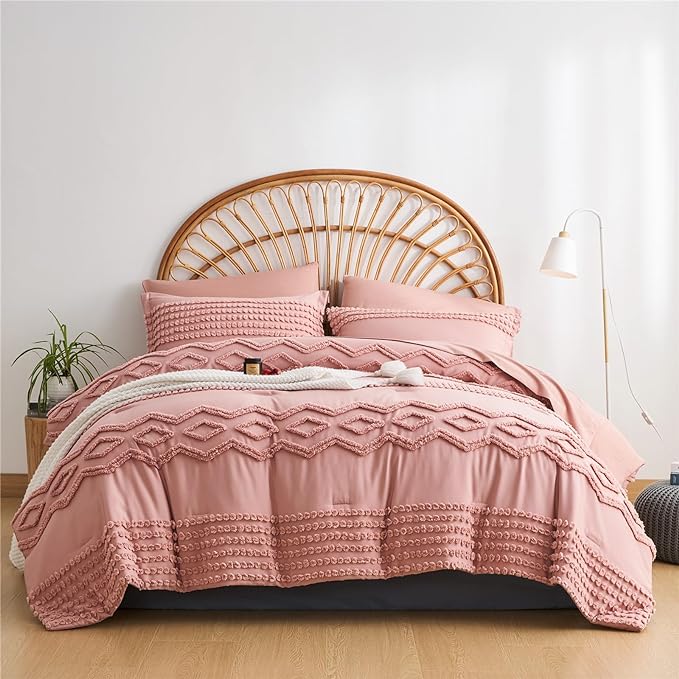 KAKIJUMN Blush Pink Tufted Comforter Set King Size 7 Piece Bed in a Bag, Shabby Chic Boho Comforter and Sheet Set, All Season Soft Microfiber Complete Bedding Set(Pink,King) - LeafyLoom
