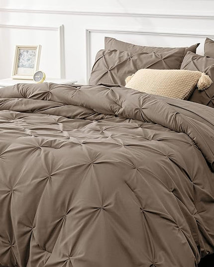 Bedsure Twin XL Comforter Set - Extra Long 5 Pieces Dorm Room Essentials, Pinch Pleat Brown Bed in a Bag with Comforter, Sheets, Pillowcase & Sham, Kids Bedding Set - LeafyLoom