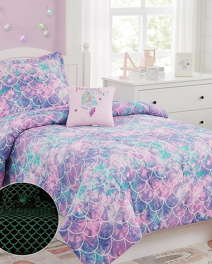 KALEIDOSPACE Pink Comforter Twin for Kids, Glow in The Dark Mermaid Bedding Sets with Decor Pillow, 3 Pieces Girls Bed Set - LeafyLoom