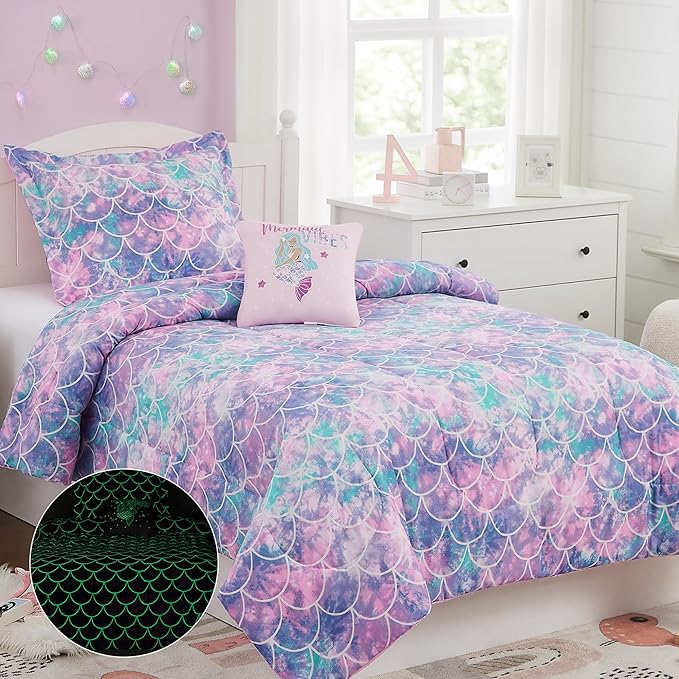 KALEIDOSPACE Pink Comforter Twin for Kids, Glow in The Dark Mermaid Bedding Sets with Decor Pillow, 3 Pieces Girls Bed Set - LeafyLoom