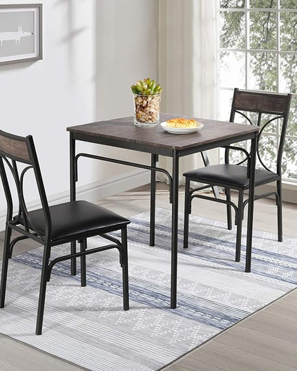 VECELO Kitchen & Dinning Room 3 pieceTable Dinner Table Pu Cushion Chair Small Space,Modern Industrial Style, Dark Brown, Dining set for 2 - LeafyLoom