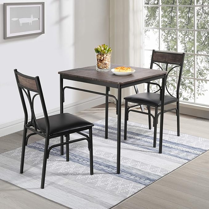 VECELO Kitchen & Dinning Room 3 pieceTable Dinner Table Pu Cushion Chair Small Space,Modern Industrial Style, Dark Brown, Dining set for 2 - LeafyLoom