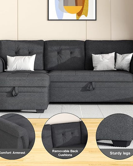 LOVMOR L-Shape Reversible Linen Fabric Sleeper Sectional Sofa with Storage Chaise, Dark Gray Corner Couch with Arms for Living Room, Home Furniture, Apartment, Dorm, 84 Inch - LeafyLoom