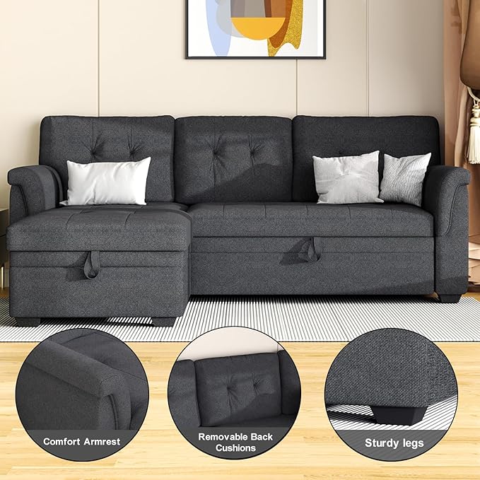 LOVMOR L-Shape Reversible Linen Fabric Sleeper Sectional Sofa with Storage Chaise, Dark Gray Corner Couch with Arms for Living Room, Home Furniture, Apartment, Dorm, 84 Inch - LeafyLoom