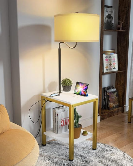 LED Floor Lamp with Table - End Table with Power Outlet and USB Charging Port, Bedside Nightstand Shelf, Side Table with Standing Light for Living Room, Bedroom, Bulb Included, White, 2 Pack - LeafyLoom