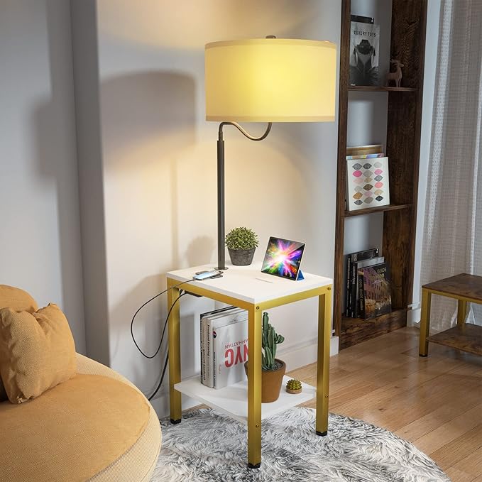 LED Floor Lamp with Table - End Table with Power Outlet and USB Charging Port, Bedside Nightstand Shelf, Side Table with Standing Light for Living Room, Bedroom, Bulb Included, White, 2 Pack - LeafyLoom