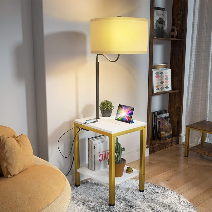 LED Floor Lamp with Table - End Table with Power Outlet and USB Charging Port, Bedside Nightstand Shelves, Side Table with Reading Standing Light for Living Room, Bedroom, Bulb Included, White - LeafyLoom