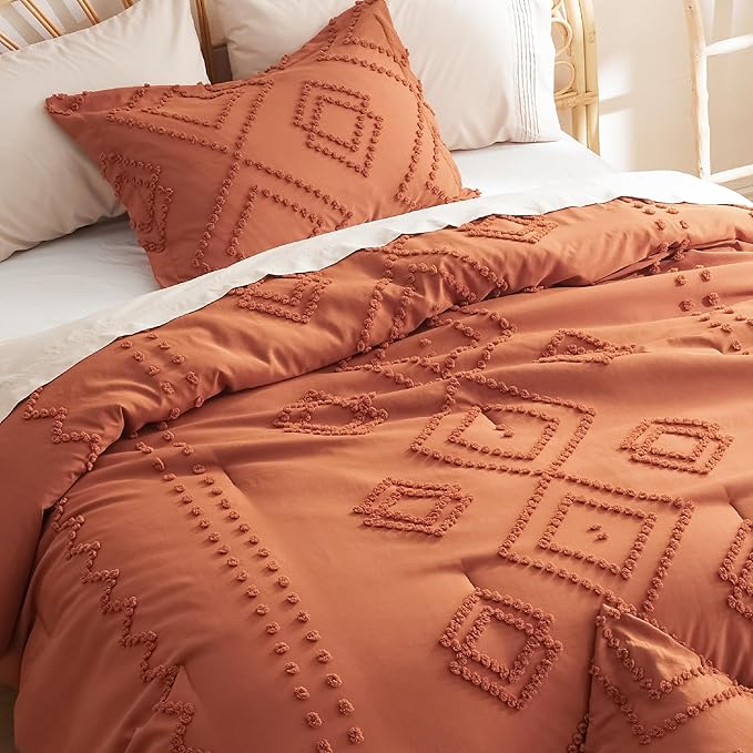 Bedsure Boho Comforter Set Twin - Terracotta Tufted Bedding Comforter Set, 2 Pieces Farmhouse Shabby Chic Embroidery Bedding Set, Soft Geometric Pattern Comforter for All Seasons - LeafyLoom