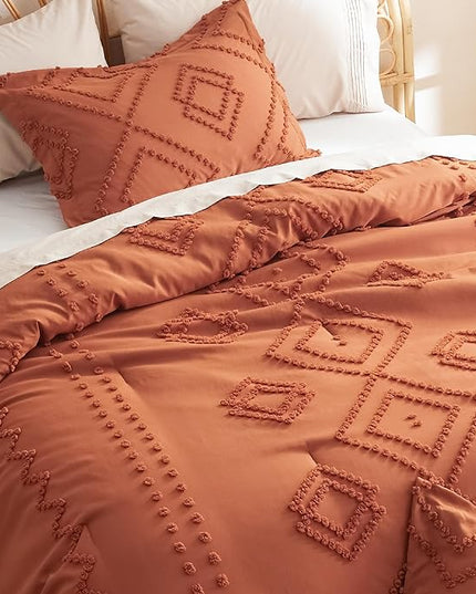 Bedsure Boho Comforter Set Full - Terracotta Tufted Bedding Comforter Set, 3 Pieces Farmhouse Shabby Chic Embroidery Bedding Set, Soft Geometric Pattern Comforter for All Seasons - LeafyLoom