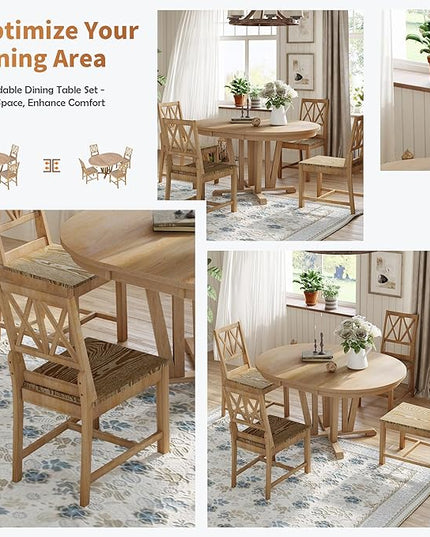 Rustic Round Trestle, Extending w/4 Cross Back Chairs, Easy Assembly, Room, Kitchen, Small Place, 5 Piece Dining Table Set, Natural 19 - LeafyLoom