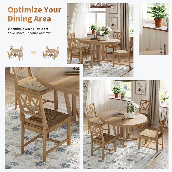 Rustic Round Trestle, Extending w/4 Cross Back Chairs, Easy Assembly, Room, Kitchen, Small Place, 5 Piece Dining Table Set, Natural 19 - LeafyLoom
