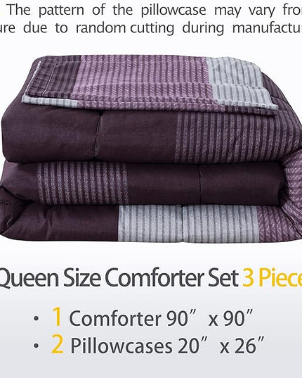 Andency Stripe Comforter Set Queen Size (90x90 Inch), 3 Pieces Purple and Gray Patchwork Striped Comforter, Soft Microfiber Down Alternative Comforter Bedding Set with Corner Loops - LeafyLoom
