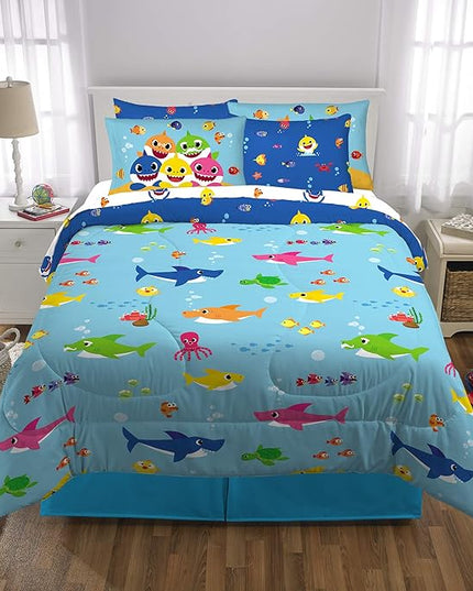 Franco Kids Bedding Super Soft Comforter and Sheet Set with Sham, 7 Piece Full Size, Baby Shark - LeafyLoom
