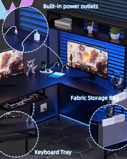 Shintenchi 66" L Shaped Home Office Desk, Reversible Gaming Desk with LED Lights and Power Outlet, Computer Desk with Keyboard Tray, Hook, Storage Bag and Shelf for Home Office, Black - LeafyLoom