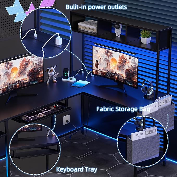 Shintenchi 66" L Shaped Home Office Desk, Reversible Gaming Desk with LED Lights and Power Outlet, Computer Desk with Keyboard Tray, Hook, Storage Bag and Shelf for Home Office, Black - LeafyLoom