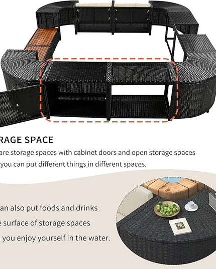 Outdoor Spa Surround Set Patio Furniture with Storage Space, Wood Seatings and Waterproof Cushions, Quadrilateral Rattan Sectional Sofa, for Backyard Deck Poolside, Onesize, Beige - LeafyLoom