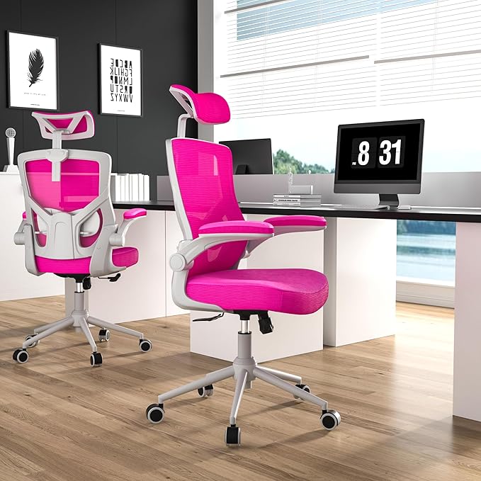 𝑯𝑶𝑴𝑬 𝑶𝑭𝑭𝑰𝑪𝑬 𝑪𝑯𝑨𝑰𝑹, Ergonomic Mesh Desk Chair, High Back Computer Chair- Adjustable Headrest with Flip-Up Arms, Lumbar Support, Swivel Executive Task Chair (Modern, Neon Pink) - LeafyLoom