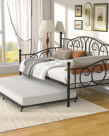 VECELO Twin Daybed with Trundle, Metal Day Bed with Classic Headboard, Multifunctional Platform Beds for Bedroom, Living Room, Guest Room, No Boxing Spring Needed, Black - LeafyLoom