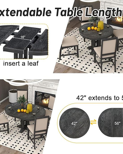 NicBex Small Kitchen Table Set for 4 Round Dining Table Farmhouse Dining Set 5-Piece Dining Set Extendable Round Table and 4 Upholstered Chairs for Kitchen, Black - LeafyLoom