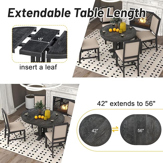 NicBex Small Kitchen Table Set for 4 Round Dining Table Farmhouse Dining Set 5-Piece Dining Set Extendable Round Table and 4 Upholstered Chairs for Kitchen, Black - LeafyLoom
