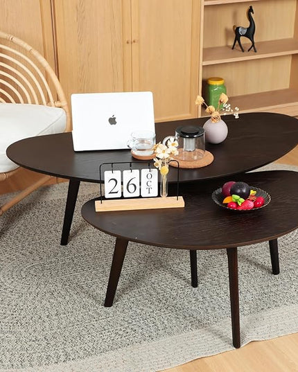 FIRMINANA Small Oval Coffee Table for Small Space,Mango Shape Tabletop，Simple Modern Table with OAK Legs, Black Walnut 18.9" D x 33.47" W x 15.75" H - LeafyLoom