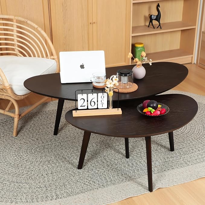 FIRMINANA Small Oval Coffee Table for Small Space,Mango Shape Tabletop，Simple Modern Table with OAK Legs, Black Walnut 18.9" D x 33.47" W x 15.75" H - LeafyLoom