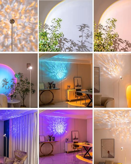 Sunset Lamp Projector with 3D Ocean Wave, 12 Colors Changing & Four Mode with USB Port, RGB Floor Lamp Double Side Lighting with Remote,Creative DIY Mode, 360° Rotation Atmosphere Lamp White - LeafyLoom