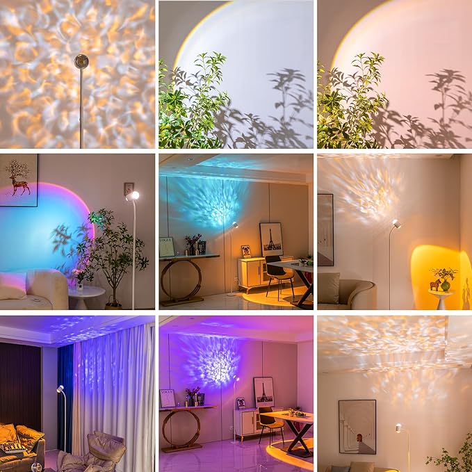 Sunset Lamp Projector with 3D Ocean Wave, 12 Colors Changing & Four Mode with USB Port, RGB Floor Lamp Double Side Lighting with Remote,Creative DIY Mode, 360° Rotation Atmosphere Lamp White - LeafyLoom