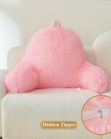 XeGe Faux Fur Reading Pillow Cover (No Filler), Fluffy Back Rest Pillow Case for Sitting in Bed, Adults Kids Girls Shaggy Sit Up Back Support Study Pillow Cover for Couch Chair Home Decoration, Pink - LeafyLoom