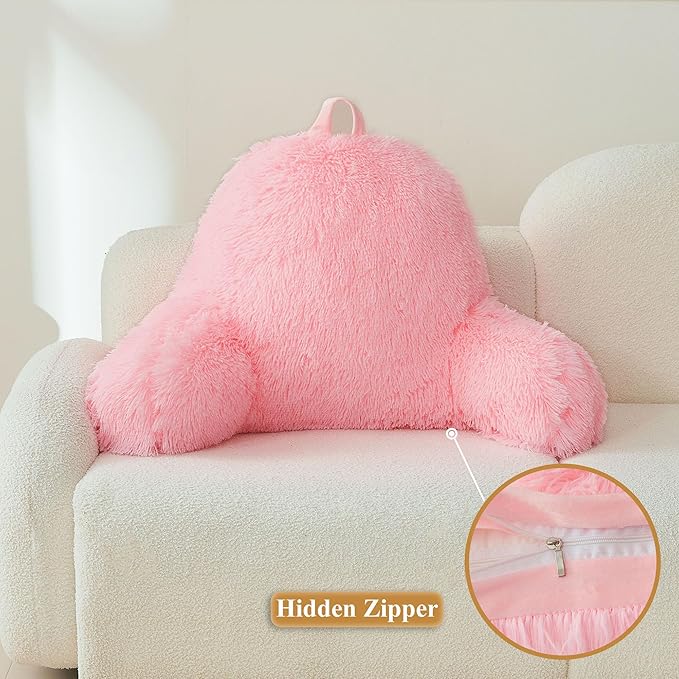 XeGe Faux Fur Reading Pillow Cover (No Filler), Fluffy Back Rest Pillow Case for Sitting in Bed, Adults Kids Girls Shaggy Sit Up Back Support Study Pillow Cover for Couch Chair Home Decoration, Pink - LeafyLoom
