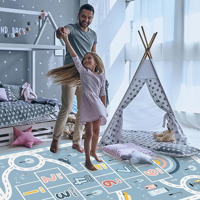 Kids Rug Play Mat, Car Rug, Hopscotch Rug, Hopscotch Mat for Kids, Can Be Used to Play with Cars Kids Carpet Play Mat,(Blue,120×180cm/47×71IN) - LeafyLoom