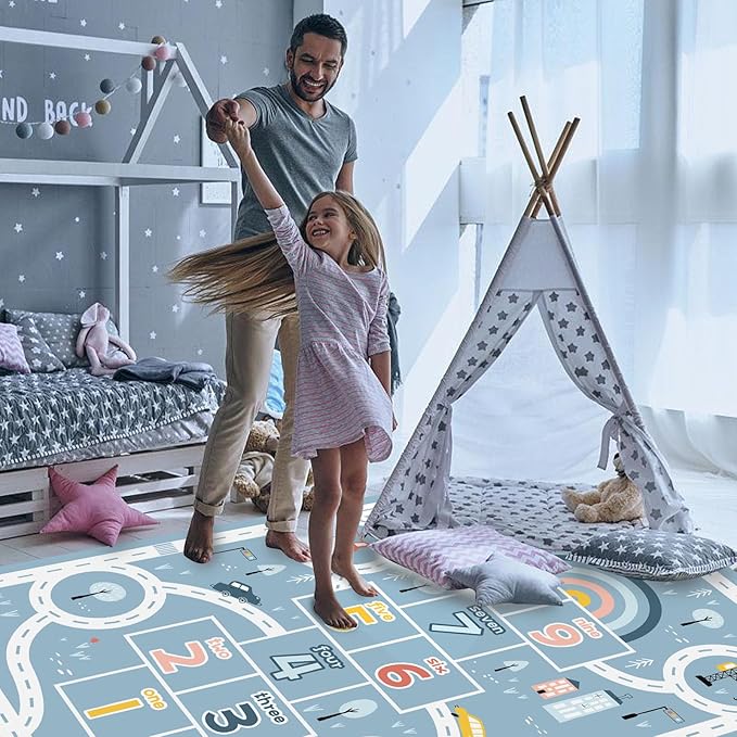 Kids Rug Play Mat, Car Rug, Hopscotch Rug, Hopscotch Mat for Kids, Can Be Used to Play with Cars Kids Carpet Play Mat,(Blue,160×230cm/63×91IN) - LeafyLoom