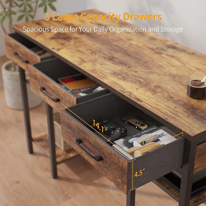 CubiCubi 47 Inch Computer Desk with 3 Drawers and Storage Shelves, Small Home Office Desk, Study Writing Table, Simple Desk for Bedroom, Rustic Brown - LeafyLoom