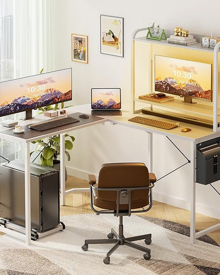 Small L Shaped Gaming Desk with Power Outlets, Corner Gaming Desk with LED Light, Reversible L-Shaped Desk with Monitor Stand & Hutch, L Shaped Desk Home Office Desk with Storage Bag, White - LeafyLoom