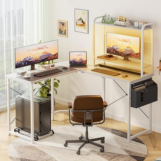 Small L Shaped Gaming Desk with Power Outlets, Corner Gaming Desk with LED Light, Reversible L-Shaped Desk with Monitor Stand & Hutch, L Shaped Desk Home Office Desk with Storage Bag, White - LeafyLoom
