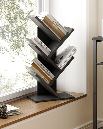 Hoctieon 4 Tier Tree Bookshelf, 4 Shelf Bookcase, Free Standing Tree Bookcase, Display Floor Standing Shelf for Books, Book Organizer Shelves for Home Office, Living Room, Bedroom, Black - LeafyLoom